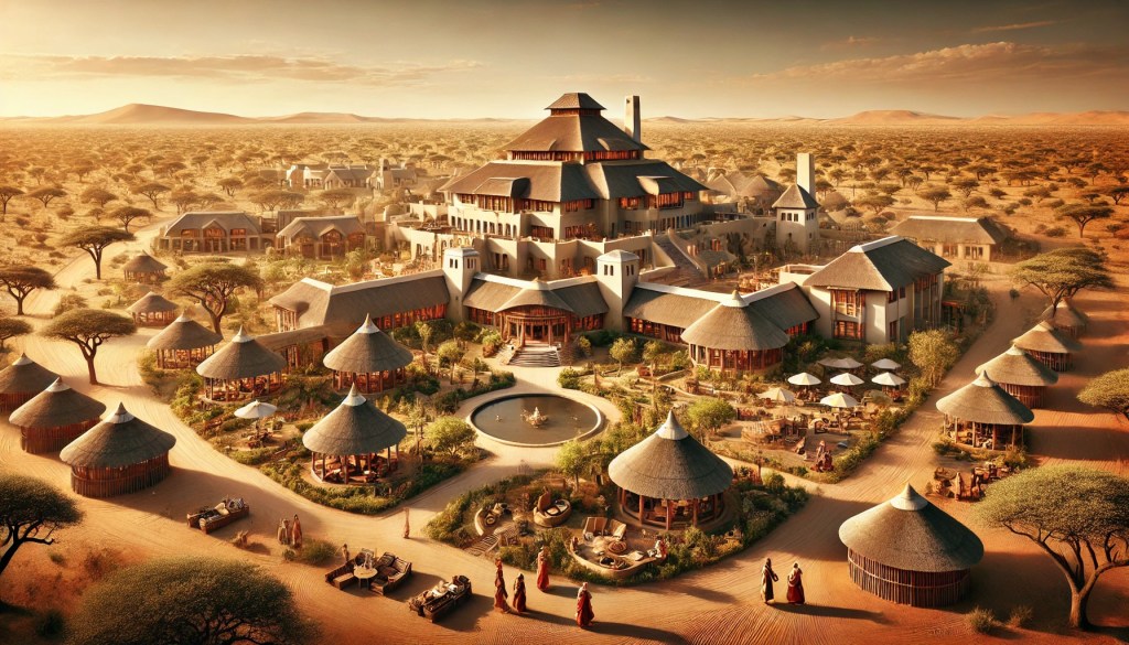 A luxury safari resort in the Kalahari desert, there are many buildings in the large complex.  There is a much activity of local woman carrying things and doing other work in the resort